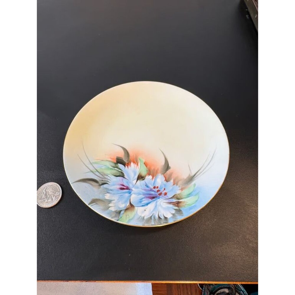 Pirkenhammer Plate Hand Painted Blue Floral Czechoslovakia Porcelain Gold Rim
